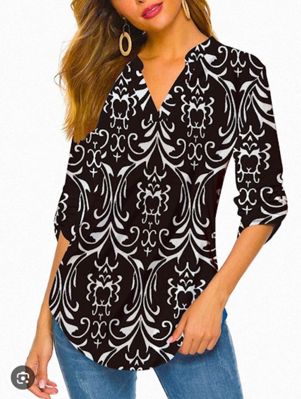 HAUTE EDITION Women's 3/4 Sleeve Tunic Top Black, White pattern XL NWT